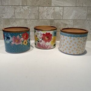 Pioneer Woman Stackable 3-Piece Stoneware China Canister Set‎ Floral Medley EUC